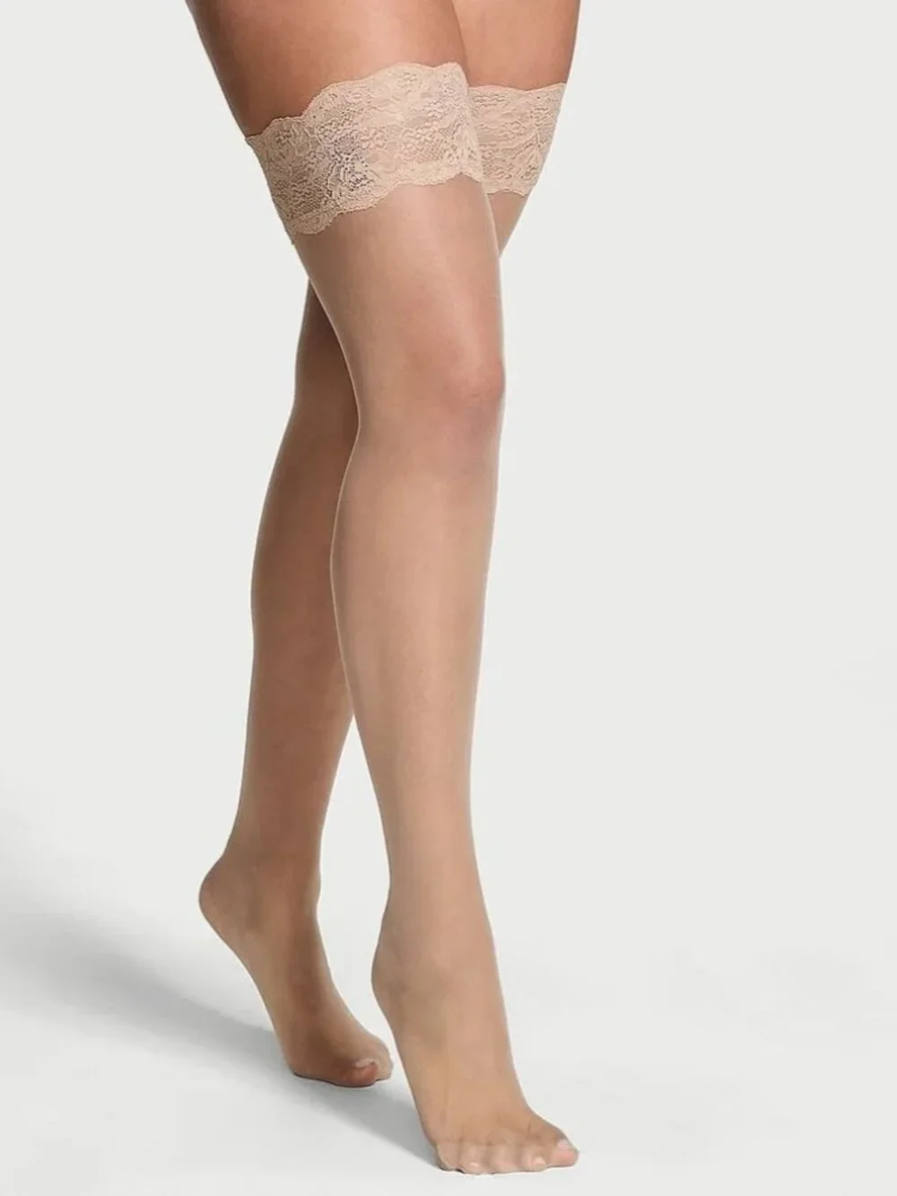 Victoria's Secret Lace Top Thigh Highs LARGE Nude Praline Reinforced Heel Hosier